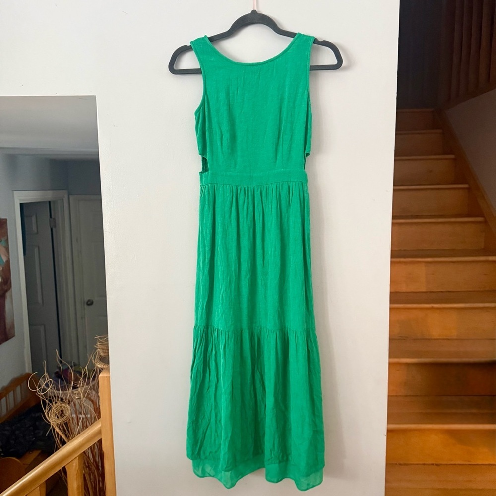 Japna Emerald Green Playful Sleeveless Cut-Outs Midi Dress Linen Blend